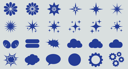 A set of blue icons featuring stars, flowers, clouds, speech bubbles, and gears, perfect for modern and minimal graphic designs