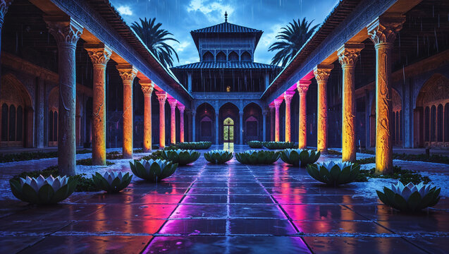 Luxurious courtyard with lotus flowers and ornate architecture under a rainy sky