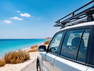 Obraz premium Silver car with roof rack parked by turquoise sea, sunny day, perfect vacation spot.