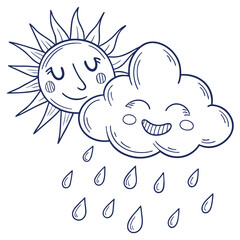 Cartoon sun with closed eyes next to a smiling cloud with raindrops falling, all in outline style drawing