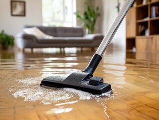 Cleaning flood water with a vacuum cleaner, in the living room of a house.