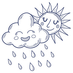 Illustration of a smiling cloud raining with a smiling sun shining in the background in line art style