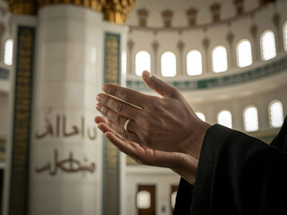 Close up hands of a Muslim man, praying pose hands open to the sky. Isolated against mosque background