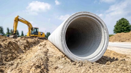 Large concrete pipe lies in a trench, excavator works in background, under blue sky.