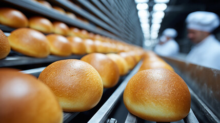 Fresh baked bread rolls on cooling racks in commercial bakery kitchen, golden brown artisan buns on metal trays in professional food production facility.