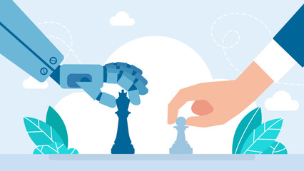 Human and AI robot playing chess together. A robot and human hand playing chess game. Artificial Intelligence vs human concept. The man defeats the robot. Vector illustration