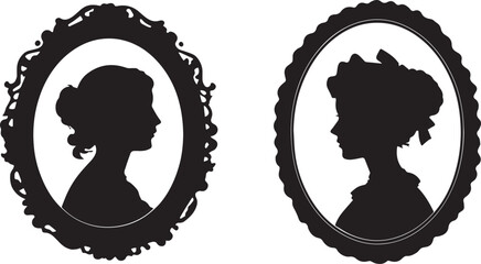 Vintage Female Portrait Silhouettes in Ornate Oval Frames Vector