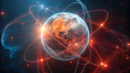 Obraz premium Glowing blue Earth in the black vastness of space, powered by the sun's light and stellar energy, a cosmic dance of science and technology