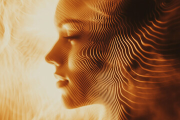 Generative AI concept image of sound waves acoustic signals flowing through digital wireframe portrait of woman man