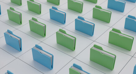 Rows of blue and green file folders arranged neatly on a grid, suggesting organization and data management.