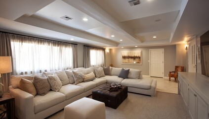 Cozy family room with a large sectional sofa, ambient lighting, and modern decorative accents.