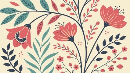 Vibrant floral pattern featuring colorful flowers and leaves against a cream background.