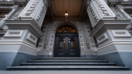 Impressive and ornate architectural facade with grand entry stairs