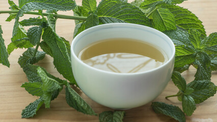 a cup of mint tea with mint leaves around it. 