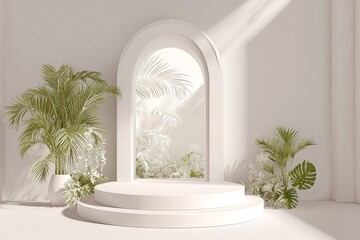 Minimalist white room with arched niche, showcasing a two-tiered round display platform, flanked by lush potted tropical plants, bathed in sunlight