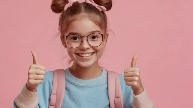 Young girl in a school uniform with a backpack, giving two thumbs up. She is smiling and looking directly at the camera.