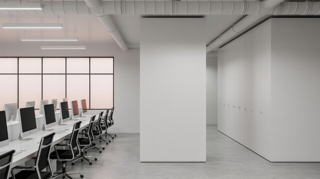 Modern open-plan office with rows of computers and ergonomic chairs, featuring a blank whiteboard on a central pillar under industrial ceiling pipes.