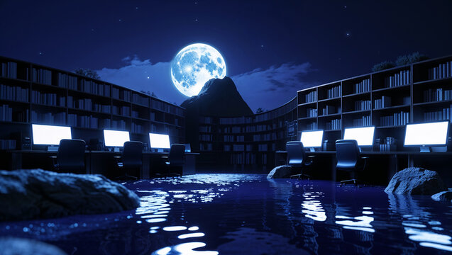 Nighttime library with computer monitors glowing under a majestic full moon illustration