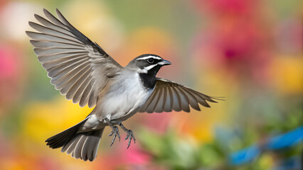 Obraz premium Black Throated Sparrow Flying with Spread Wings and Colorful Blurred Background
