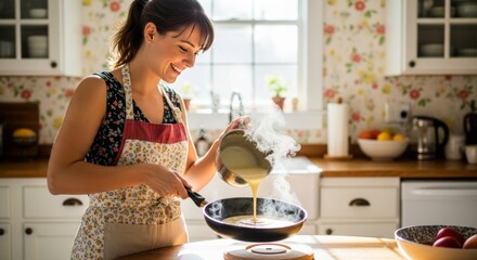 Smiling Woman Pouring Batter into Pan, Cooking Breakfast in Bright Kitchen