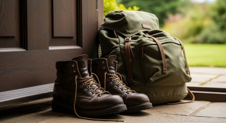 Leather Boots and Backpack Ready for Adventure Beside a Wooden Door