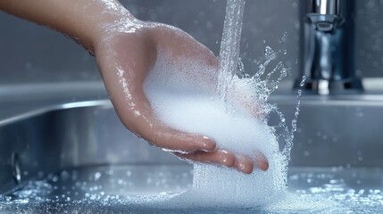Fototapeta premium Hand with Soap Bubbles under Running Water in Modern Kitchen Sink
