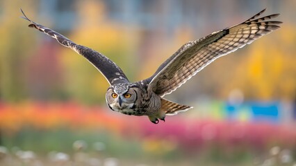 Great Horned Owl Flying with Spread Wings and Colorful Blurred Background