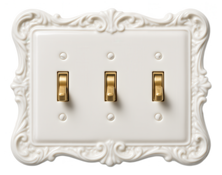 Glossy ceramic three-gang switch with ornate detailing for a vintage-style bedroom.