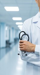A medical professional in a crisp white lab coat stands confidently in a bright, modern hospital corridor, symbolizing dedication and the vital role of healthcare, ready to provide essential patient c