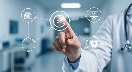 Fototapeta premium This authentic lifestyle image captures a doctor engaging with a digital display of medical icons, representing seamless connectivity and the commitment to mental wellness and physical health through 