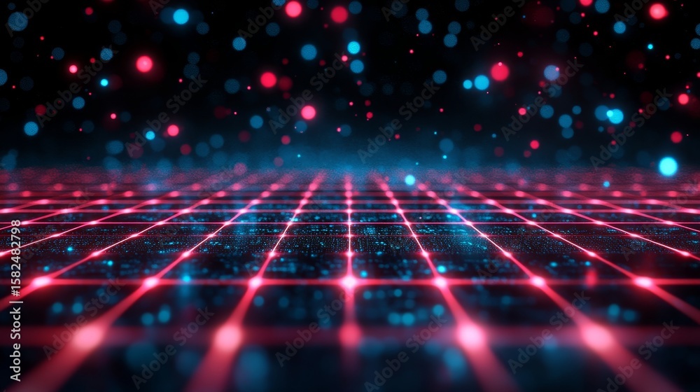 Wall mural futuristic neon cityscape with luminous grid patterns and dynamic particles in a cyberpunk aesthetic