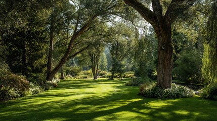Obraz premium Lush green park with towering trees creating a serene and peaceful atmosphere.