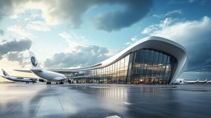Naklejka premium Modern airport terminal with sleek architecture under a dramatic sky, featuring airplane on tarmac and dynamic reflections on wet pavement