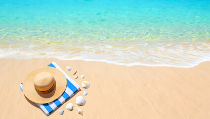 A straw hat rests on the golden sand, inviting a tropical summer vacation by the turquoise sea