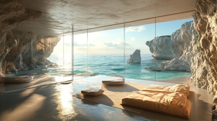 Modern cave house overlooking ocean sunrise
