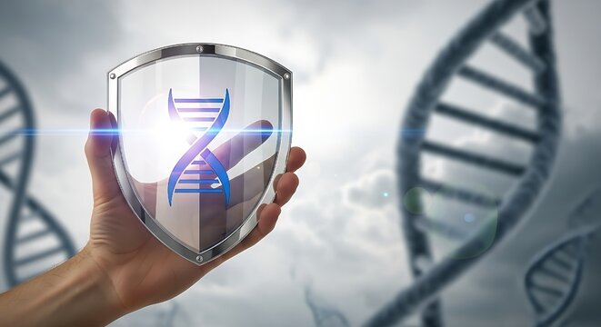 This authentic lifestyle image captures the human element in safeguarding genetic integrity, with a hand presenting a DNA shield that represents advanced medical security and personalized wellness.