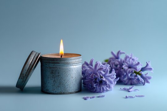 A lit candle in a rustic tin sits beside a cluster of purple hyacinths on a pale blue background; petals scattered nearby