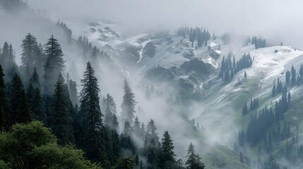 **Snow on mountain with greenery themes like trees, a mountain ridge wrapped in mist with patches of snow between dense evergreen forests