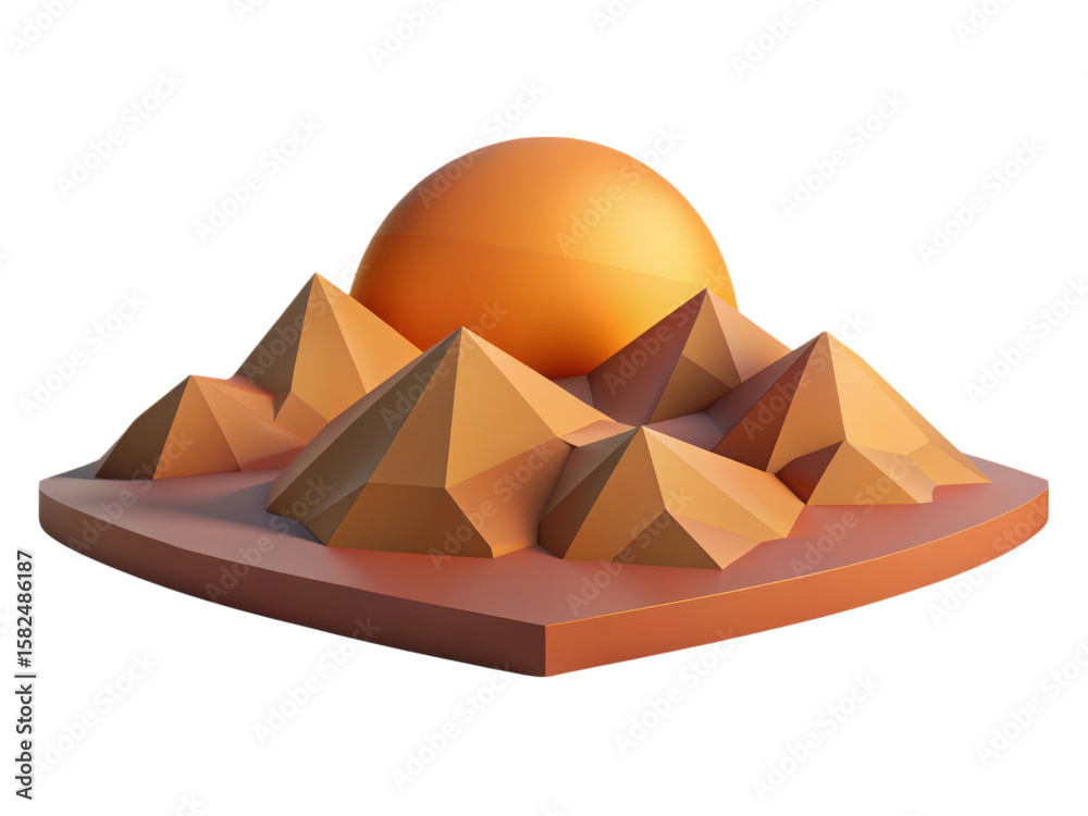 Poster abstract 3d rendering of geometric pyramids with a sphere against a dark background representing con