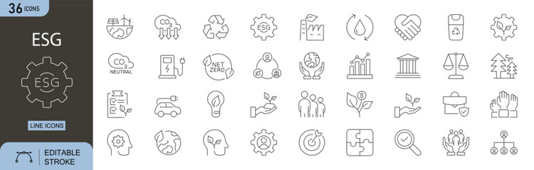 ESG icons set. Includes icons for sustainability, ethics,  carbon footprint, renewable energy, social responsibility, and environmental . Editable stroke. Line icons. Perfect for infographics.
