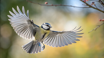 Titmouse Flying with Spread Wings and Colorful Blurred Background