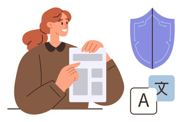 Smiling woman holding a document beside shield and translation icons. Ideal for security, communication, education, privacy, global collaboration, language learning, simple flat metaphor