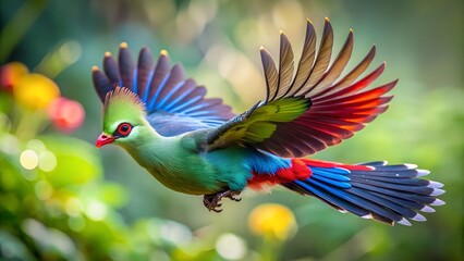 Turaco Flying with Spread Wings and Colorful Blurred Background