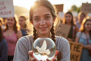 Close-Up Portrait of Young Girl Holding Transparent Globe with Dove – International Peace Day, September 21