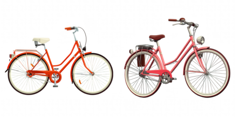 Two vintage bicycles one orange and one pink isolated on transparent background