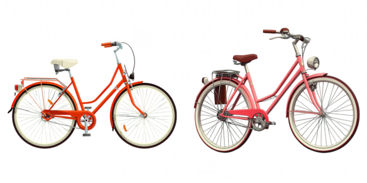 Two vintage bicycles one orange and one pink isolated on transparent background - Powered by Adobe