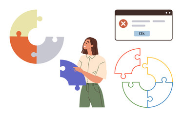 Woman holding puzzle piece, assembling colorful jigsaw error alert implies challenge resolution. Ideal for teamwork, problem solving, innovation, brainstorming, challenges, organization, strategy