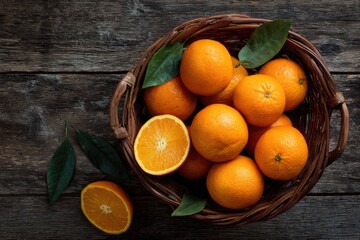 A rustic wicker basket overflows with bright, juicy oranges and vibrant green leaves, resting on a dark wooden surface; one orange is halved, showcasing its segments