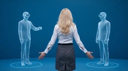 A woman interacts with two holographic business figures wearing VR headsets in a futuristic virtual reality environment.