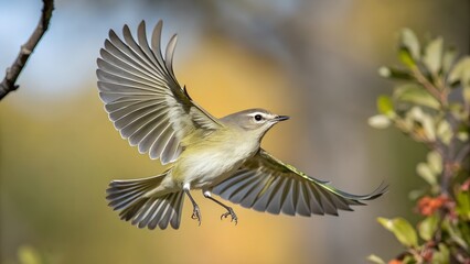 Vireo Flying with Spread Wings and Colorful Blurred Background